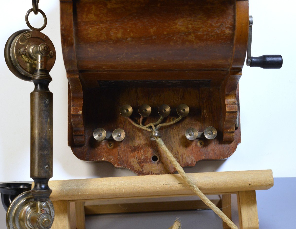 Antique Walnut Wood Wall Telephone L.m. Ericsson Ab130 Crank Magneto -photo-4