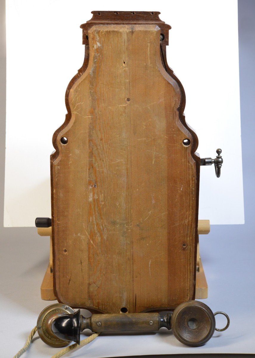 Antique Walnut Wood Wall Telephone L.m. Ericsson Ab130 Crank Magneto -photo-5