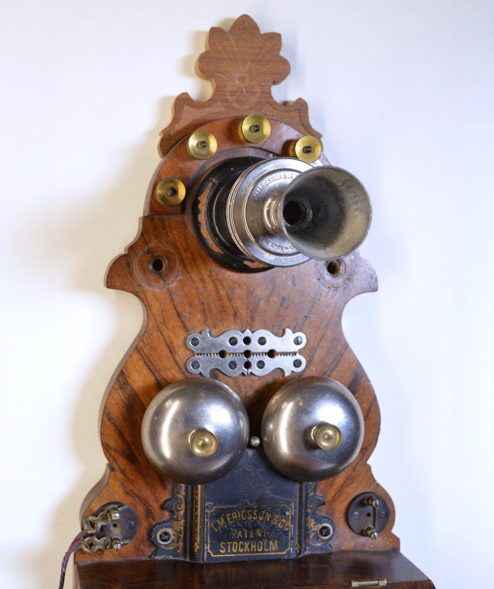 Antique Tall Walnut Case Wall Telephone L.m. Ericsson Crank Magneto Long Pole-photo-4