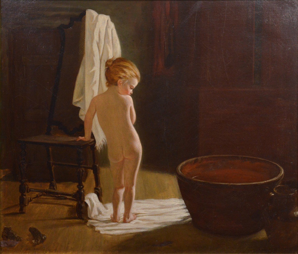 Child Bathing Home Scene 1878 Oil Genre Painting By Irish Master Frank Nowlan-photo-2