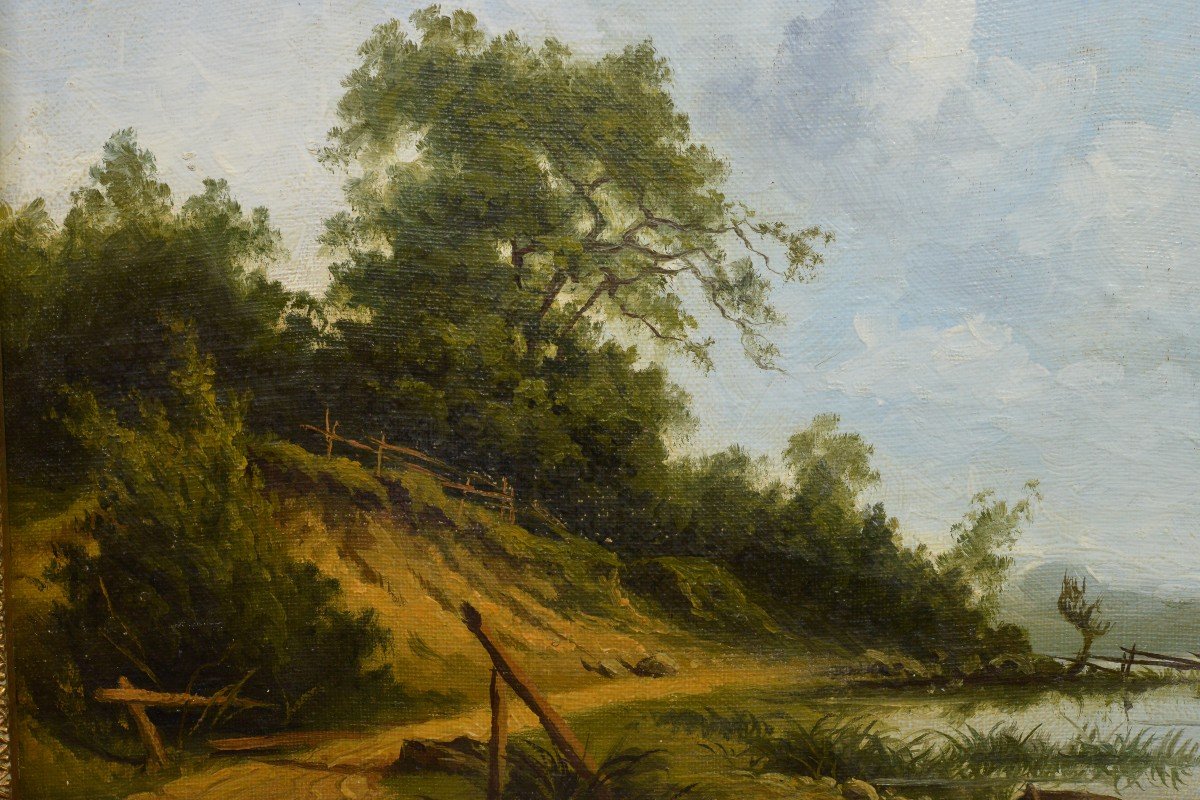 Calme Summer Lakeland Paysage W Green N Lonely Boat Peinture à L’huile 19ème Siècle-photo-4