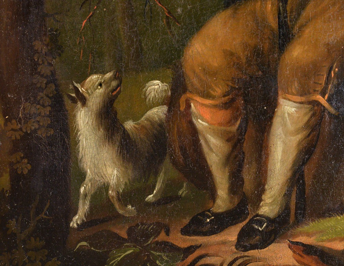 Scène Extérieure Avec Chien Norvégien Long Foie Peinture à L’huile De Genre Du 18ème Siècle-photo-4