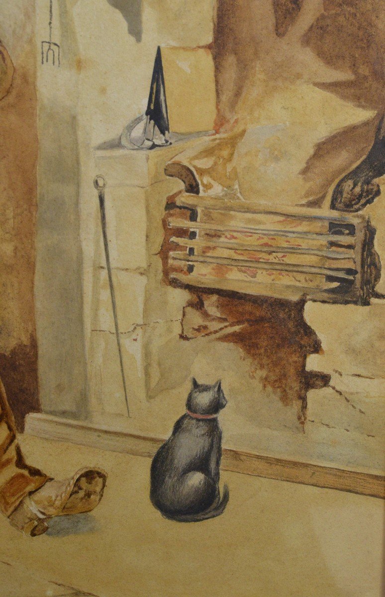Draught Players Large Interior Genre Scene 19th Century Irish Watercolor Painting-photo-1