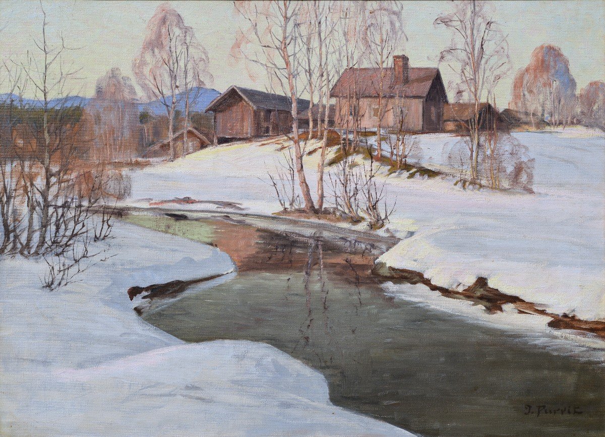 Coucher De Soleil Rose Sur Une Rivière Paysage d'Hiver d'Un Village Peinture à l'Huile Du Début