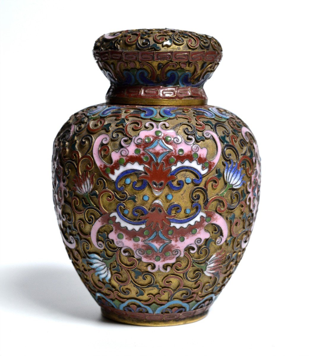 Boîte à Thé Chinoise Ancienne En émaux Cloisonnés Sur Cuivre XIXe Siècle-photo-2
