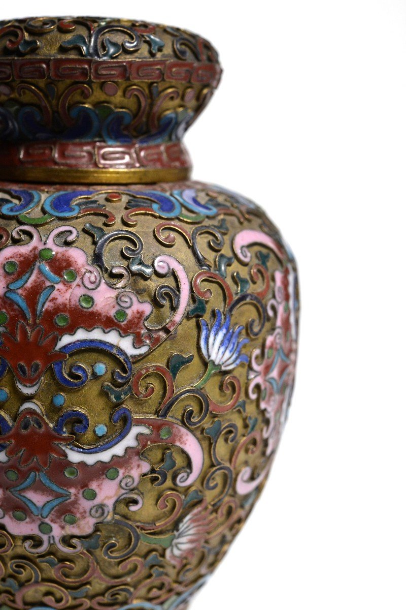 Boîte à Thé Chinoise Ancienne En émaux Cloisonnés Sur Cuivre XIXe Siècle-photo-2