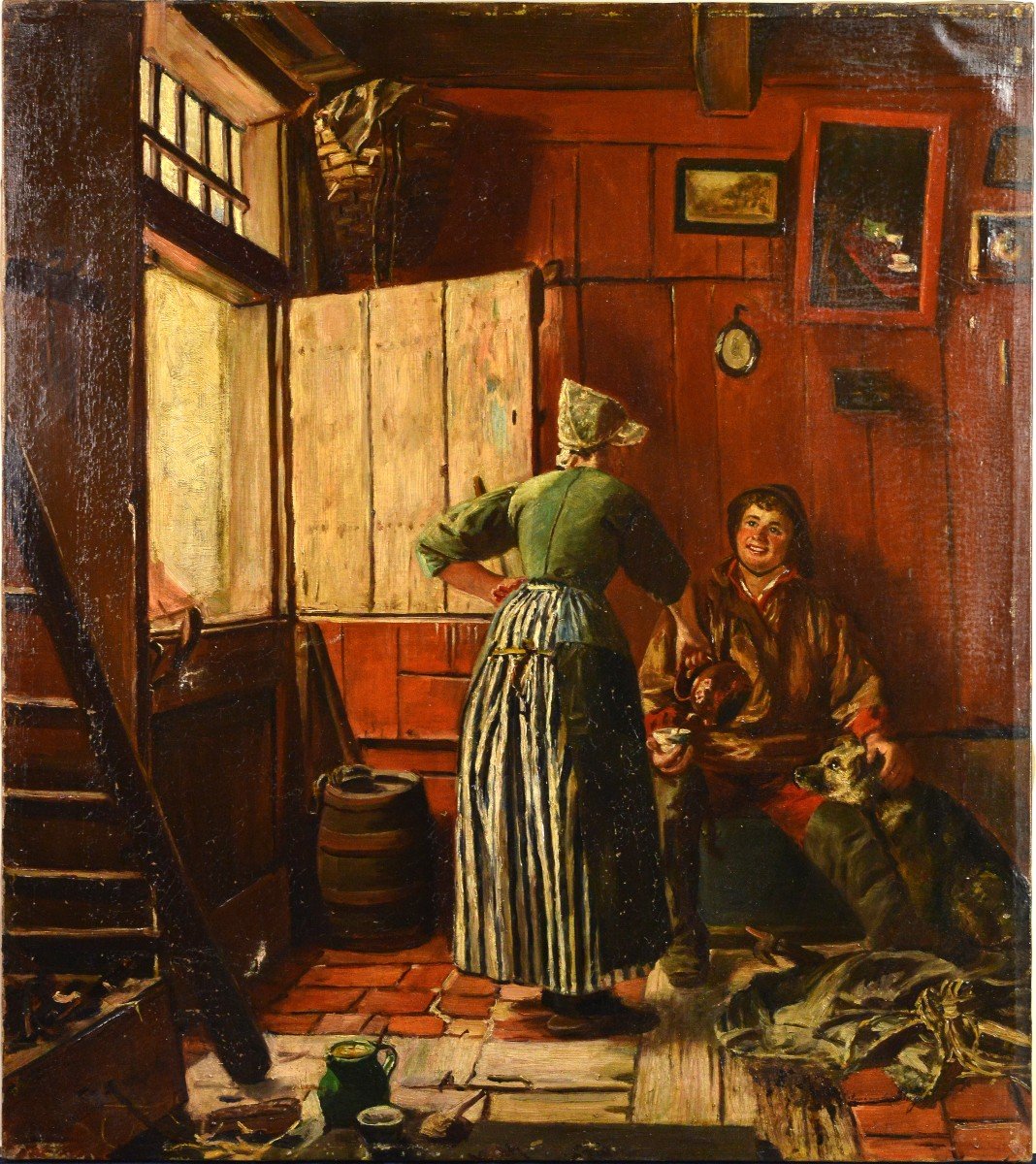 Scène d'Intérieur De Maison De Pêcheur, XIXe Siècle, Peinture à l'Huile De Genre Signée