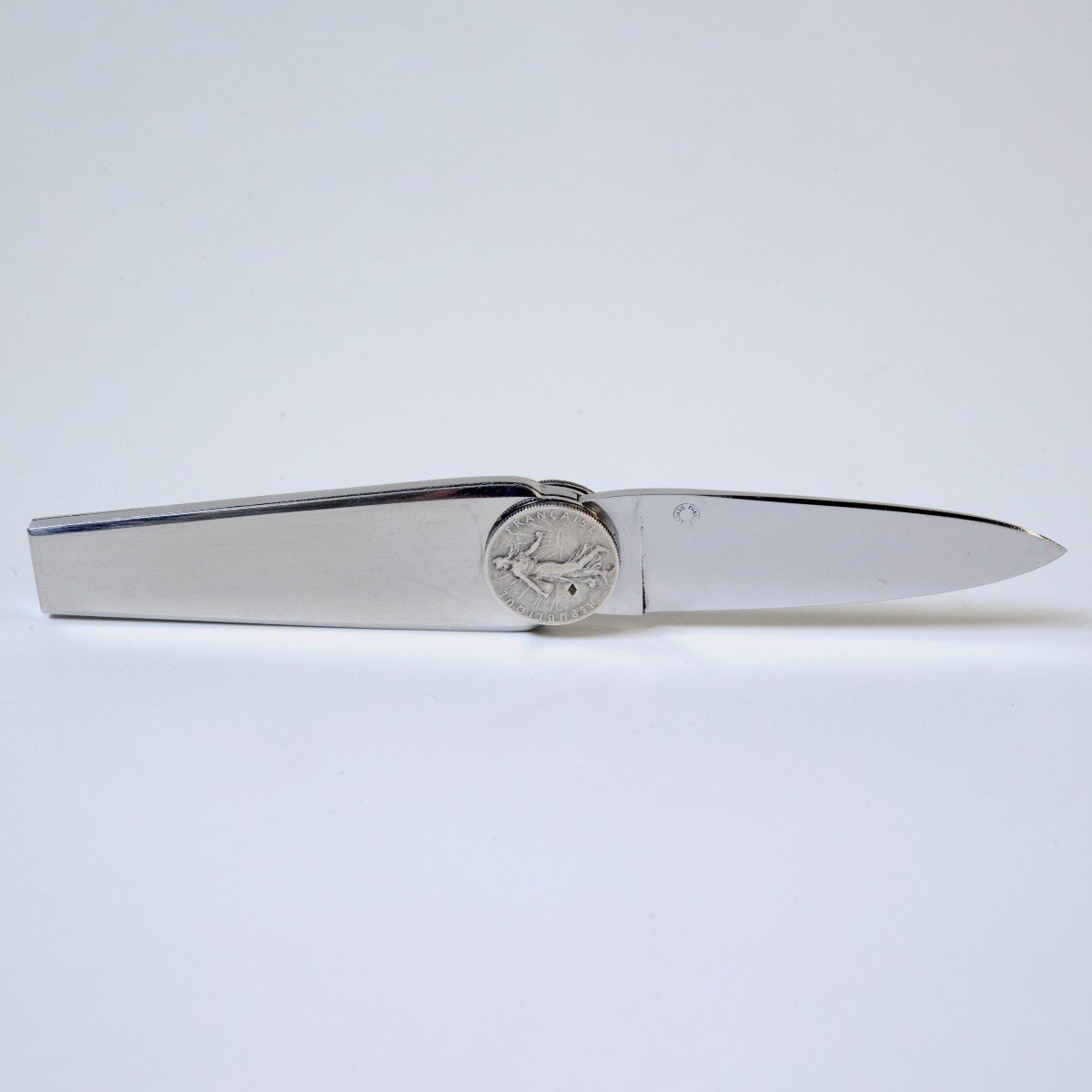 Vintage Eloi Pernet For Hermes Folding Knife 1920s Decorated With Silver Coins-photo-2