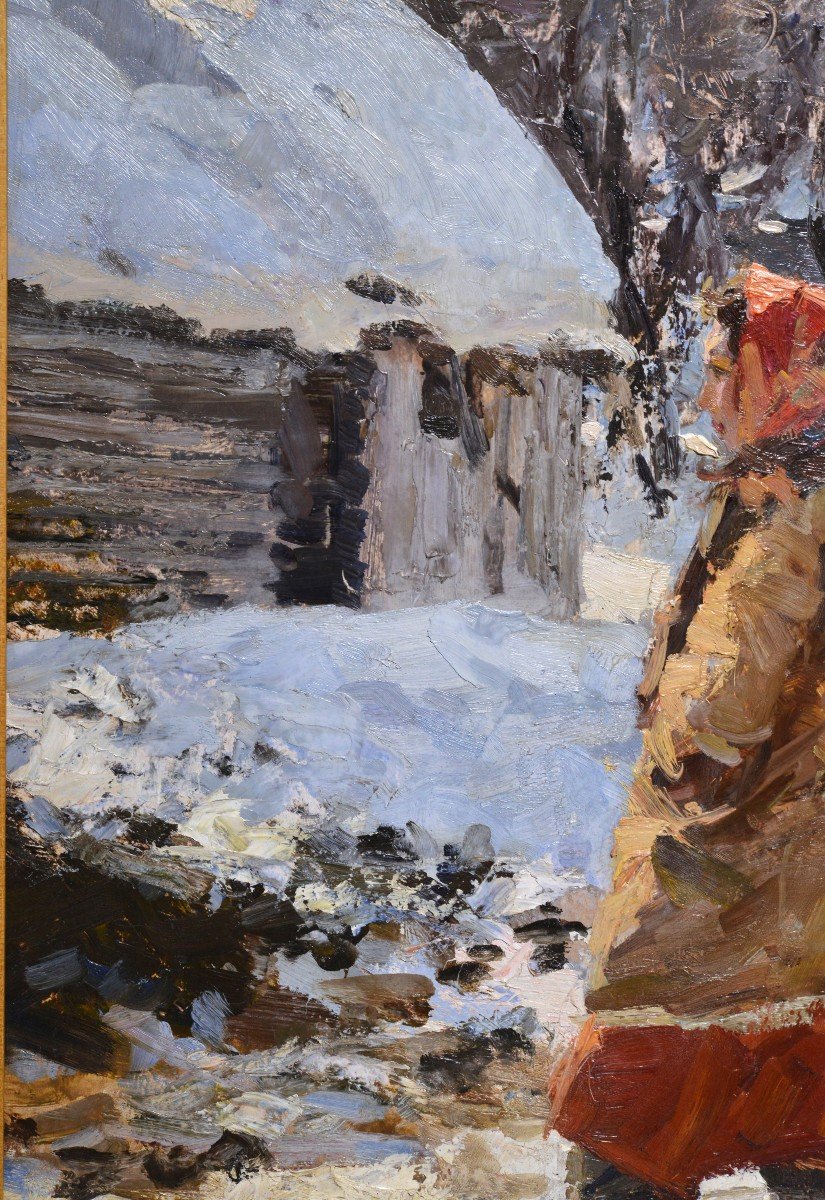 Scène d'Hiver Avec Une Femme Du Village Vers 1950 Peinture à l'Huile Du Maître Russe Suzdaltsev-photo-1