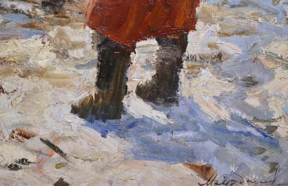 Scène d'Hiver Avec Une Femme Du Village Vers 1950 Peinture à l'Huile Du Maître Russe Suzdaltsev-photo-3