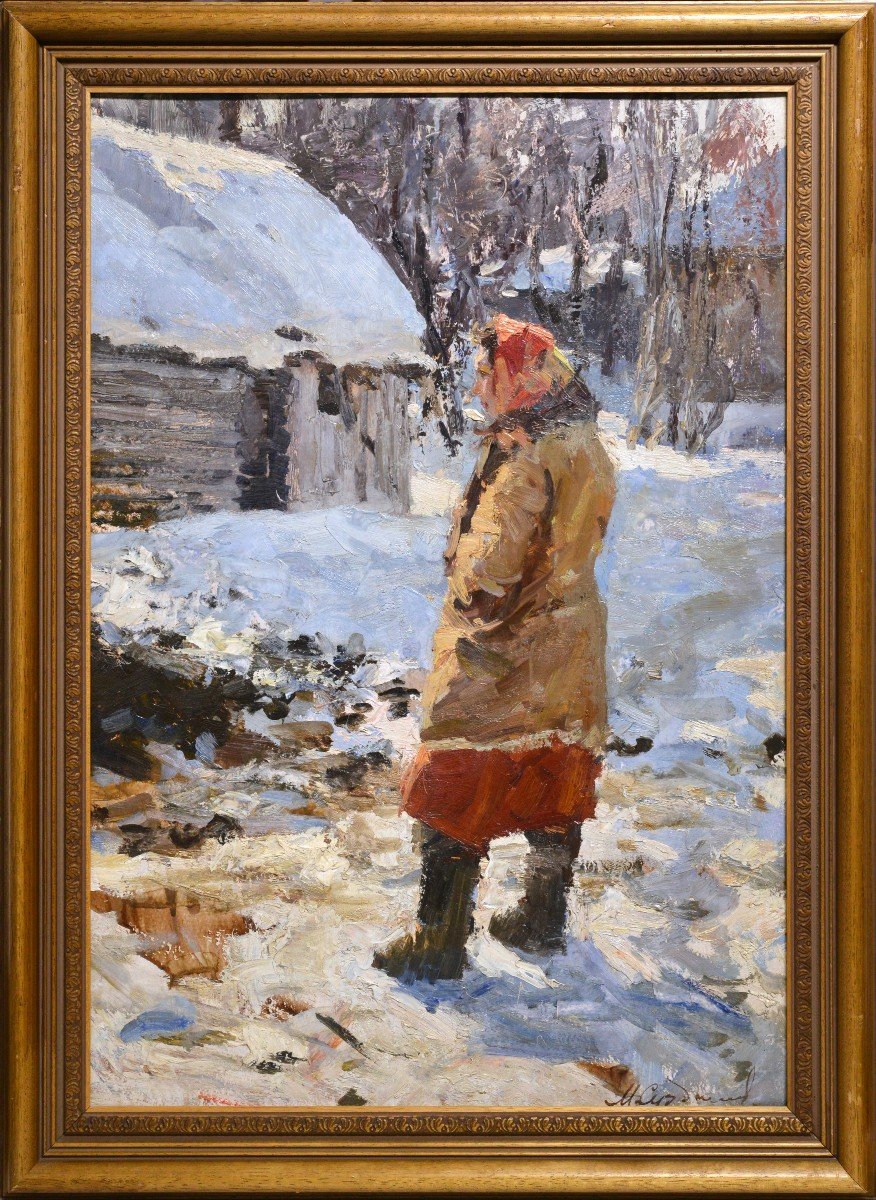 Scène d'Hiver Avec Une Femme Du Village Vers 1950 Peinture à l'Huile Du Maître Russe Suzdaltsev