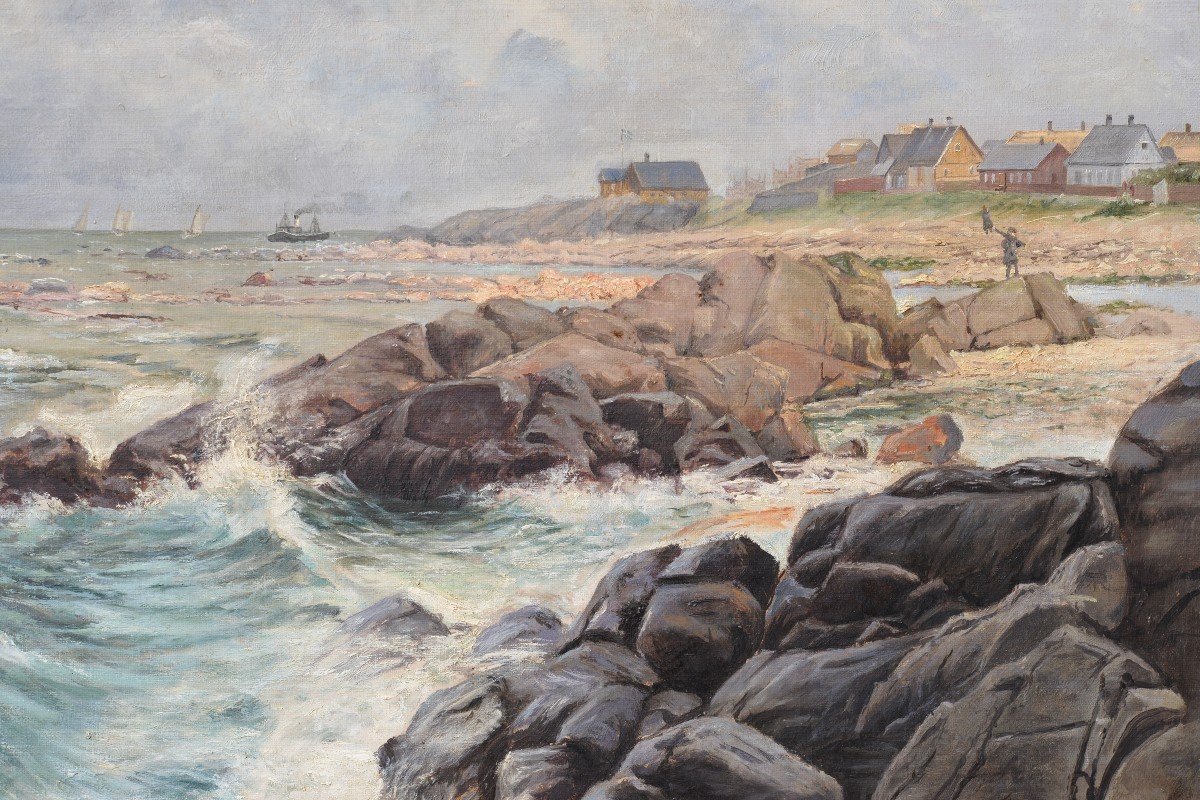 Paysage Côtier Scandinave Peinture à l'Huile d'Un Artiste Finlandais De Renom Du XIXe Siècle-photo-4