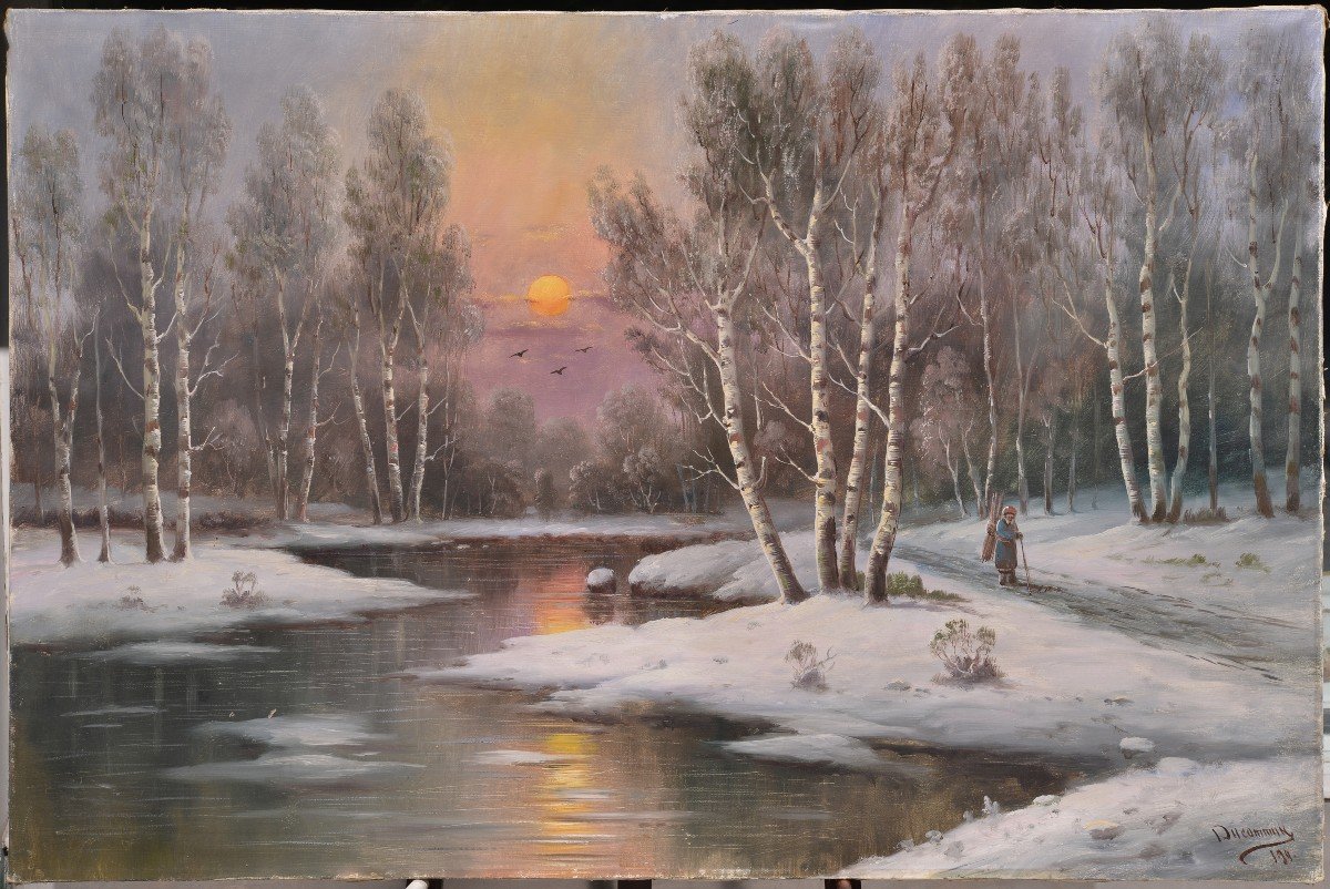 Coucher de soleil rose dans une forêt de bouleaux en hiver Paysage géant du début du XXe siècle