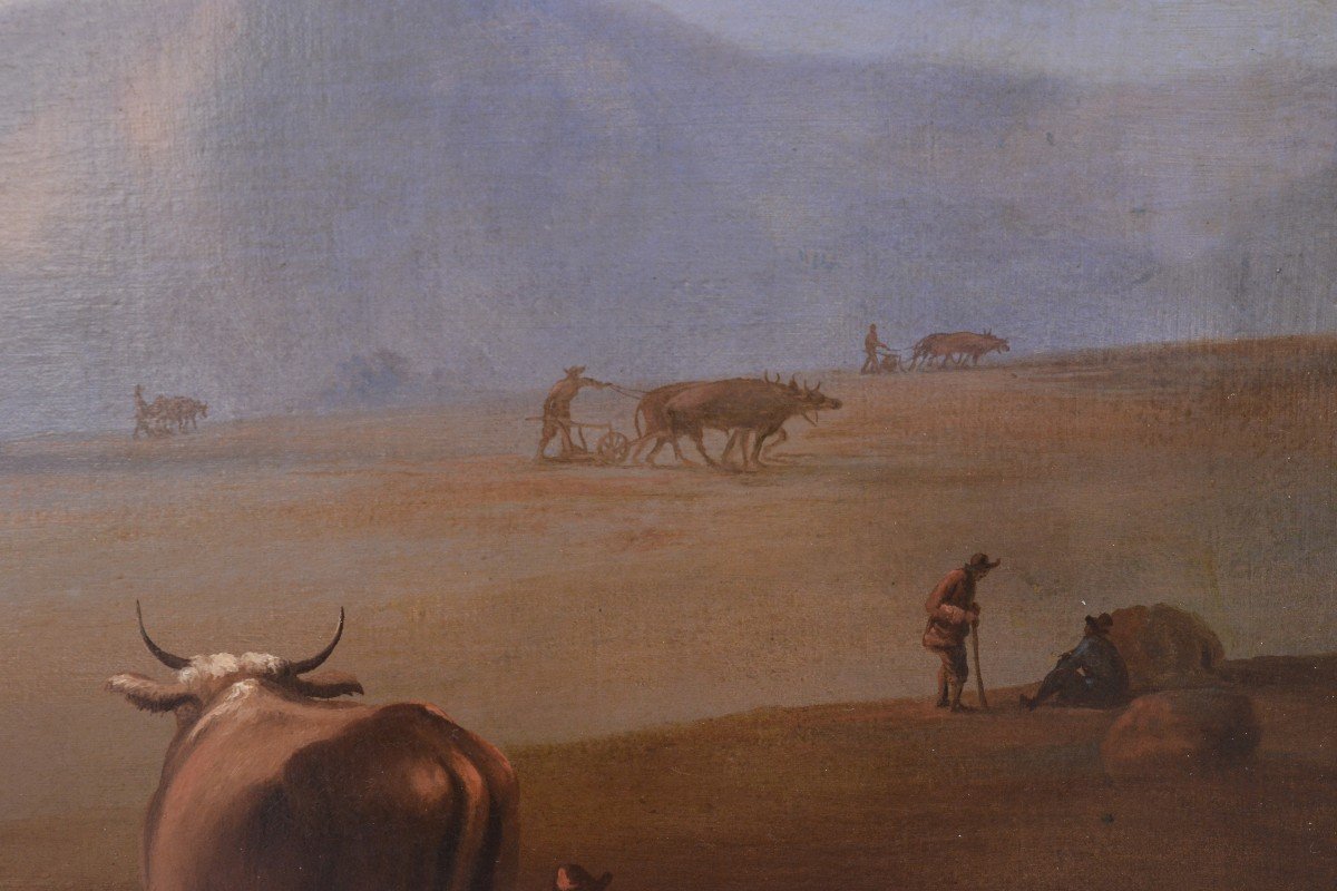 Plow Field At Dawn In Mountain Landscape 18th Century Antique Large Oil Painting-photo-3
