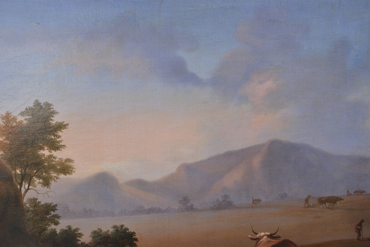 Plow Field At Dawn In Mountain Landscape 18th Century Antique Large Oil Painting-photo-4