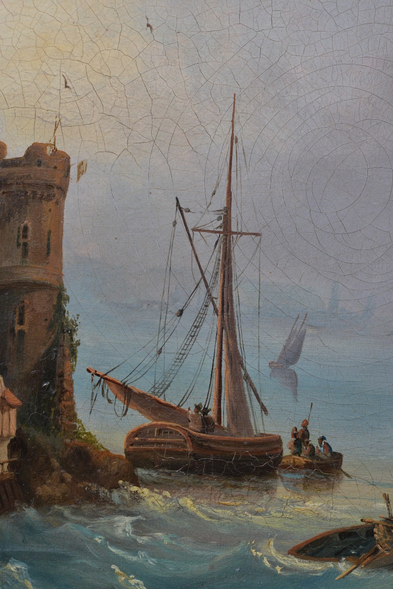 18th Century Antique Oil Painting Coastal Harbor Scene With Towers Old Master-photo-4