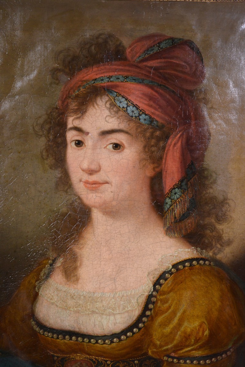 Antique 18th Century Neoclassical Oil Portrait Young Lady Turban Unknown Master-photo-3