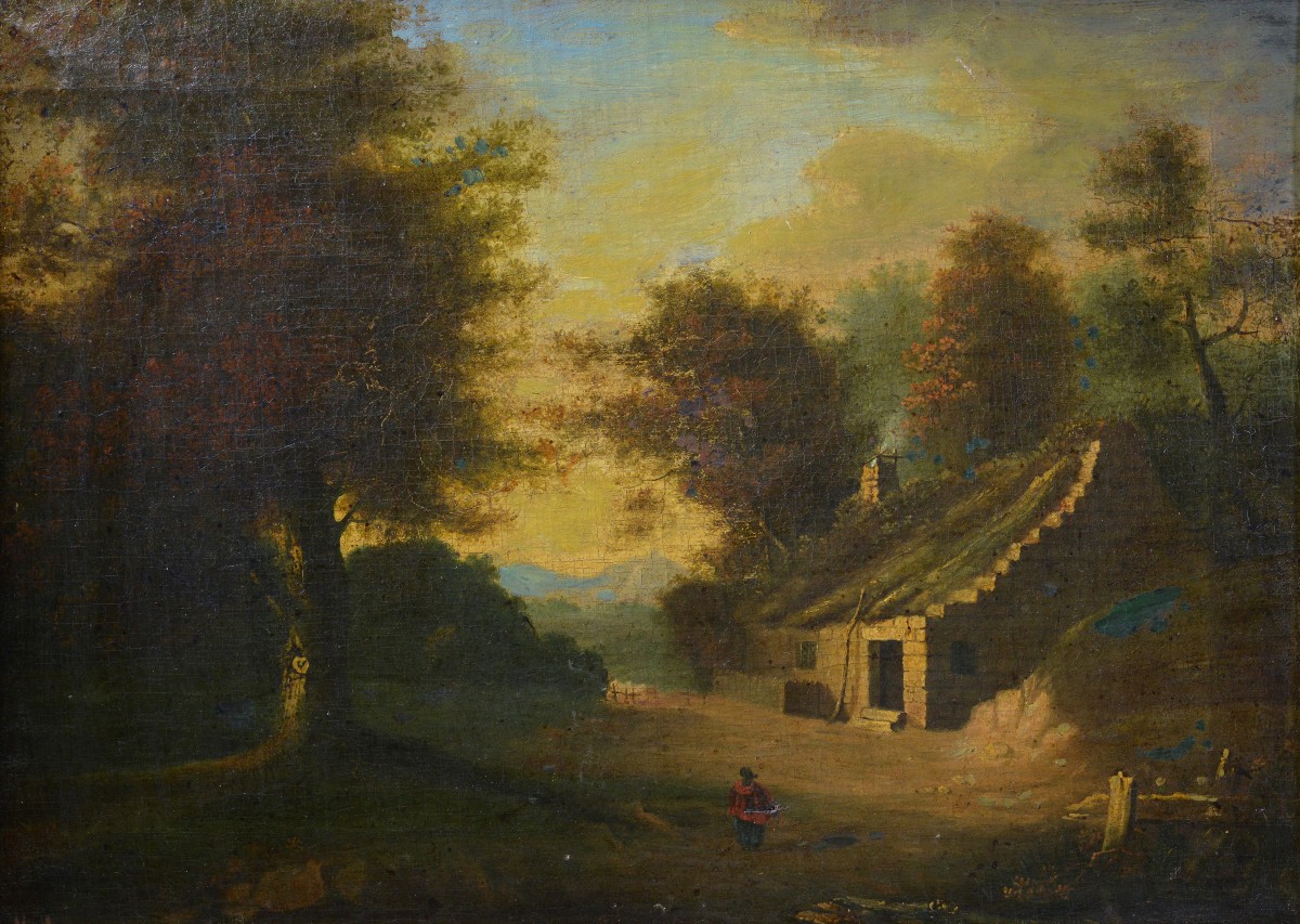 Original 19th Century Romantic English Landscape Village Cottage Oil Painting-photo-2