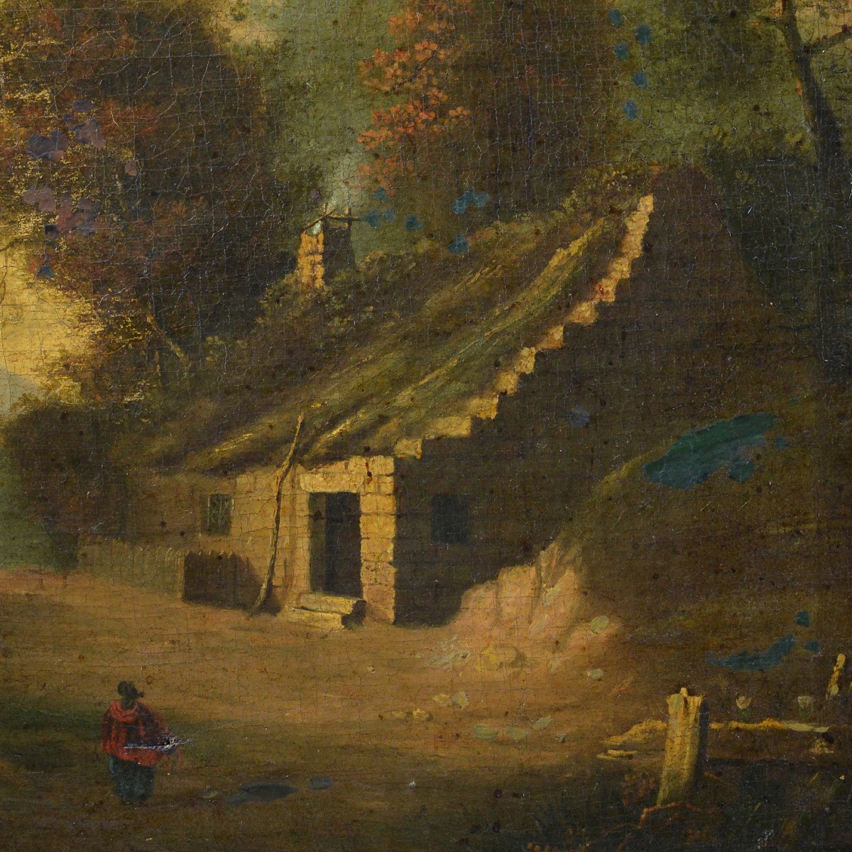 Original 19th Century Romantic English Landscape Village Cottage Oil Painting-photo-3