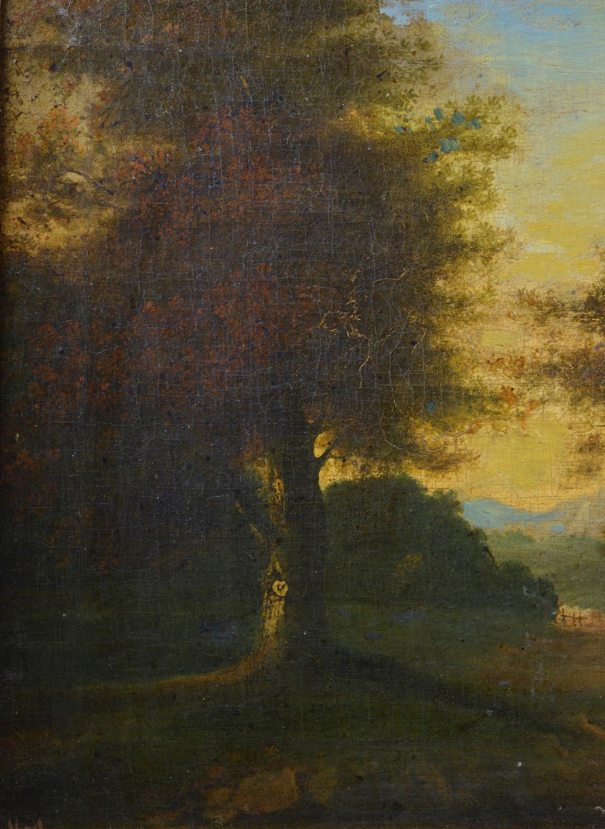 Original 19th Century Romantic English Landscape Village Cottage Oil Painting-photo-4