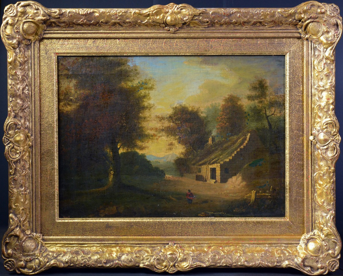 Original 19th Century Romantic English Landscape Village Cottage Oil Painting