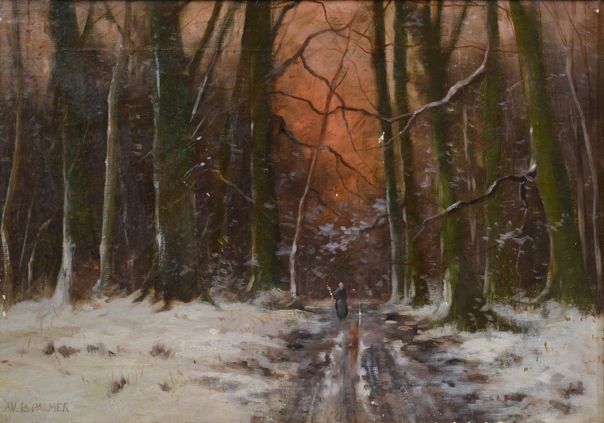Antique American Impressionist Winter Landscape Oil Painting Signed Framed-photo-2
