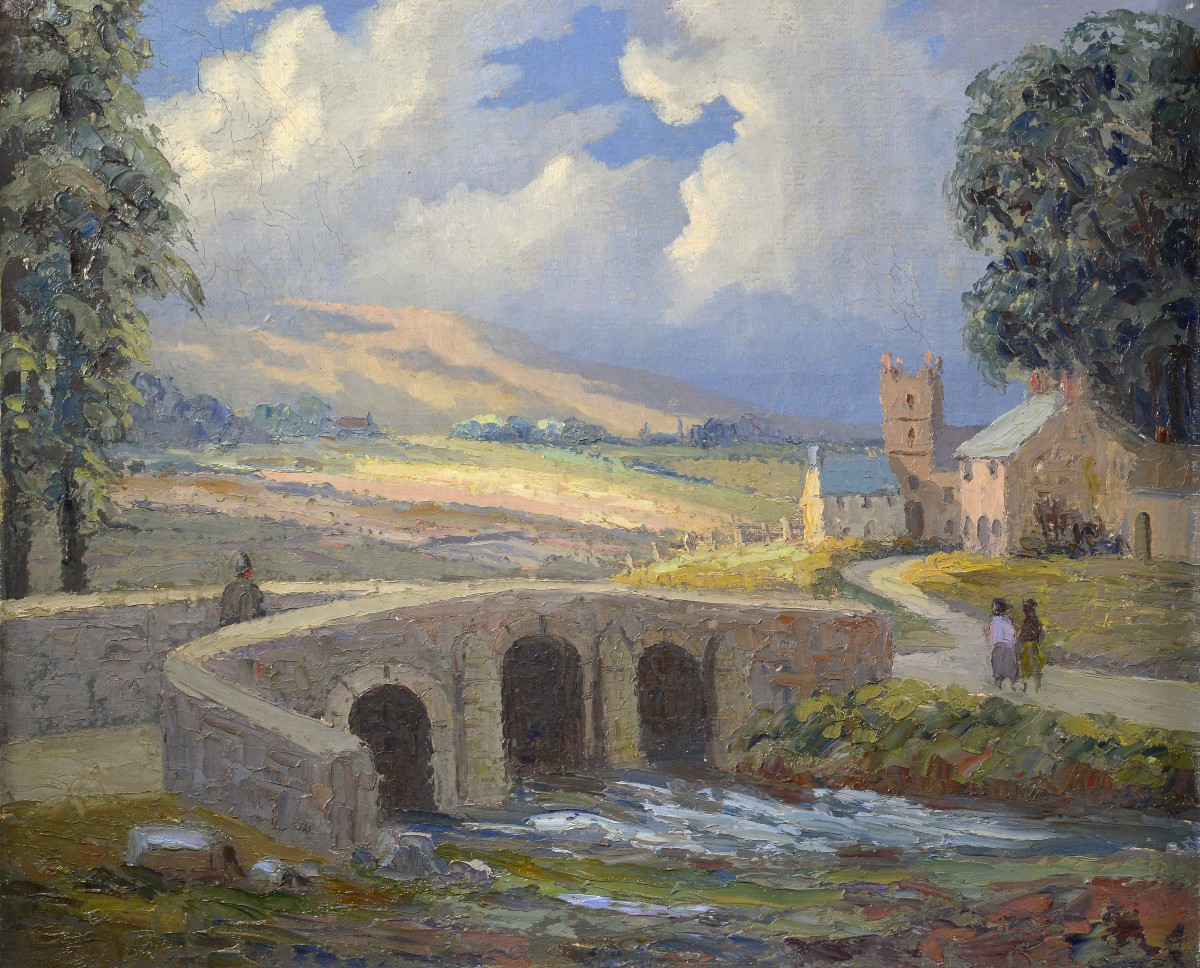 Paysage impressionniste britannique vintage 1956 - Peinture à l'huile pont de pierre rivière-photo-2