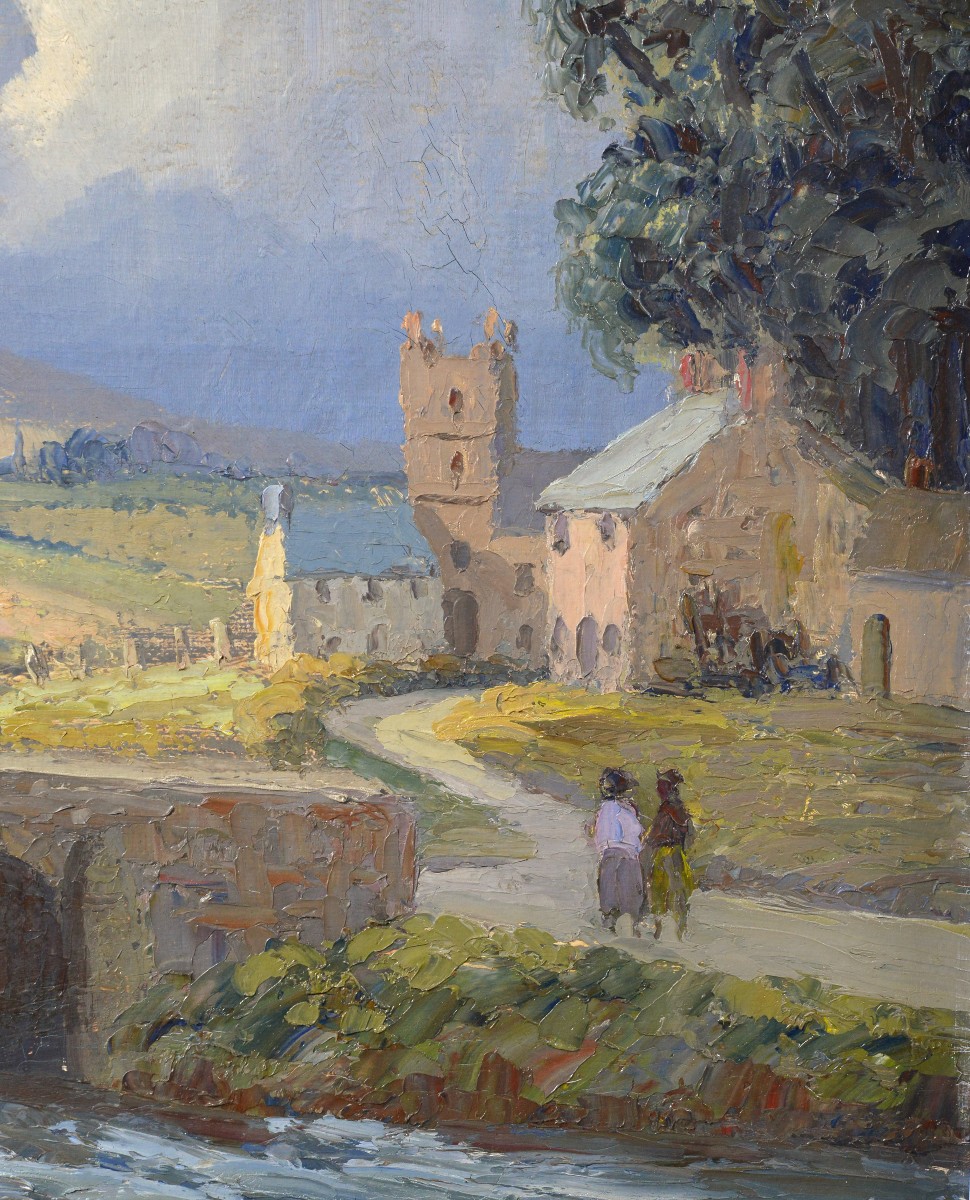 Paysage impressionniste britannique vintage 1956 - Peinture à l'huile pont de pierre rivière-photo-3