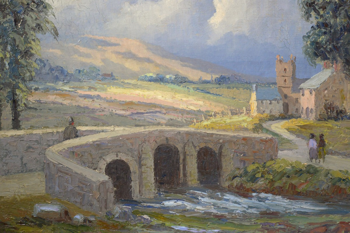 Paysage impressionniste britannique vintage 1956 - Peinture à l'huile pont de pierre rivière-photo-1