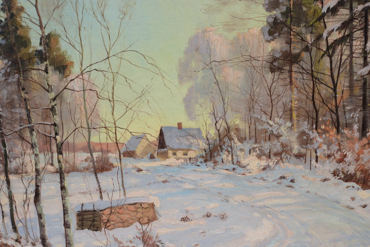Peinture à l'Huile Signée XXe Siècle Grand Paysage d'Hiver Scandinave Route Forestière-photo-2