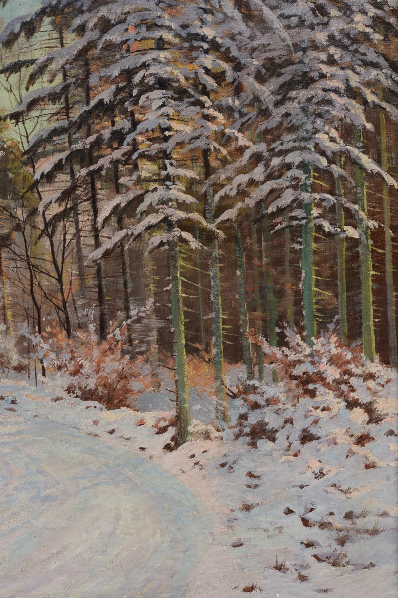 Peinture à l'Huile Signée XXe Siècle Grand Paysage d'Hiver Scandinave Route Forestière-photo-3