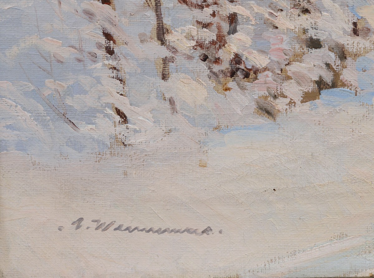 Peinture à l'Huile Signée XXe Siècle Grand Paysage d'Hiver Scandinave Route Forestière-photo-4