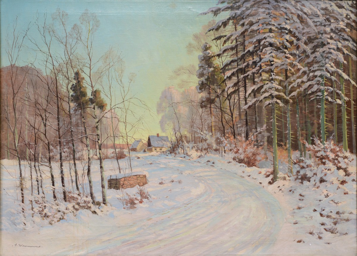 Peinture à l'Huile Signée XXe Siècle Grand Paysage d'Hiver Scandinave Route Forestière