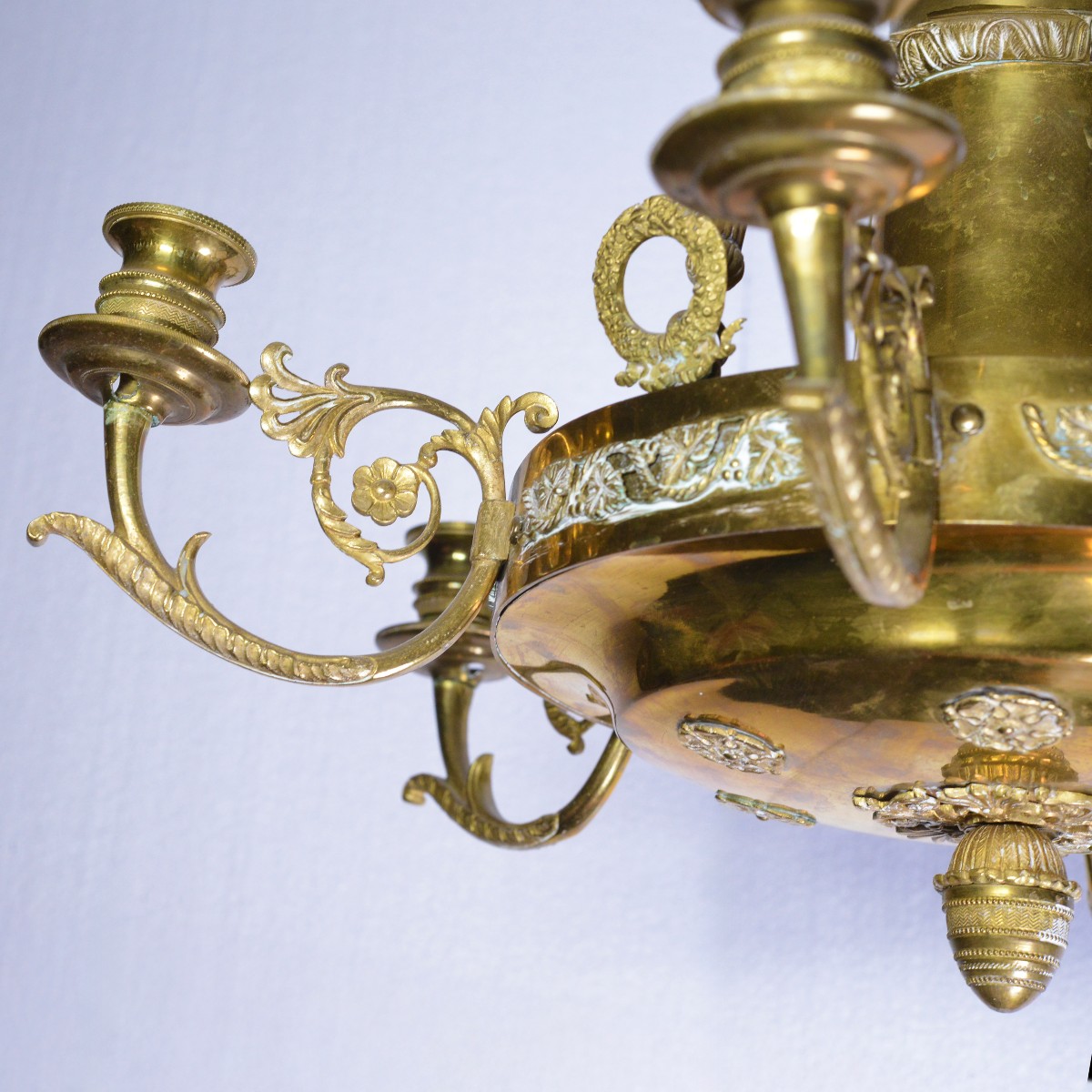 Antique 19th Century Empire Gilt Bronze Six Light Chandelier Floral Decoration-photo-4