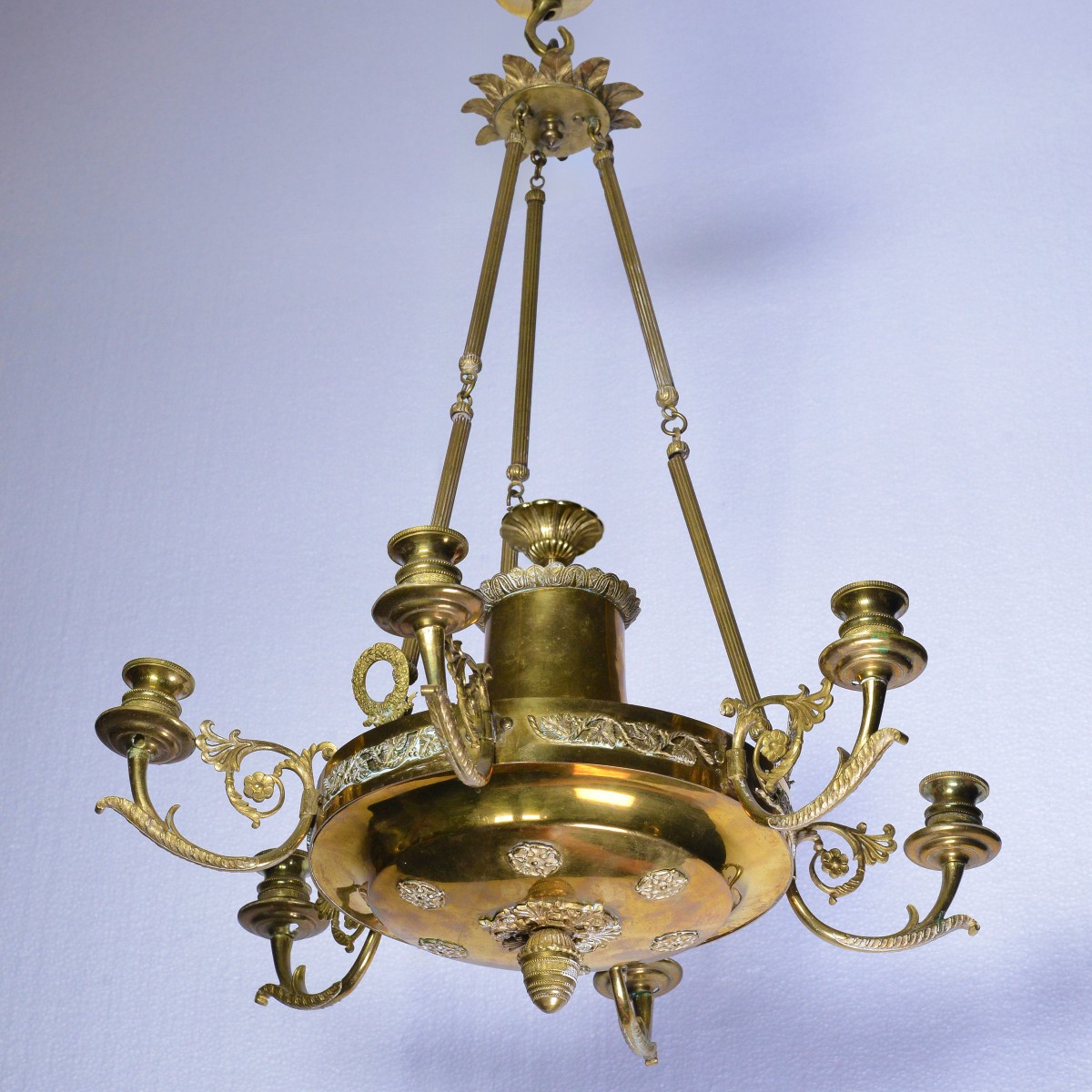 Antique 19th Century Empire Gilt Bronze Six Light Chandelier Floral Decoration-photo-2
