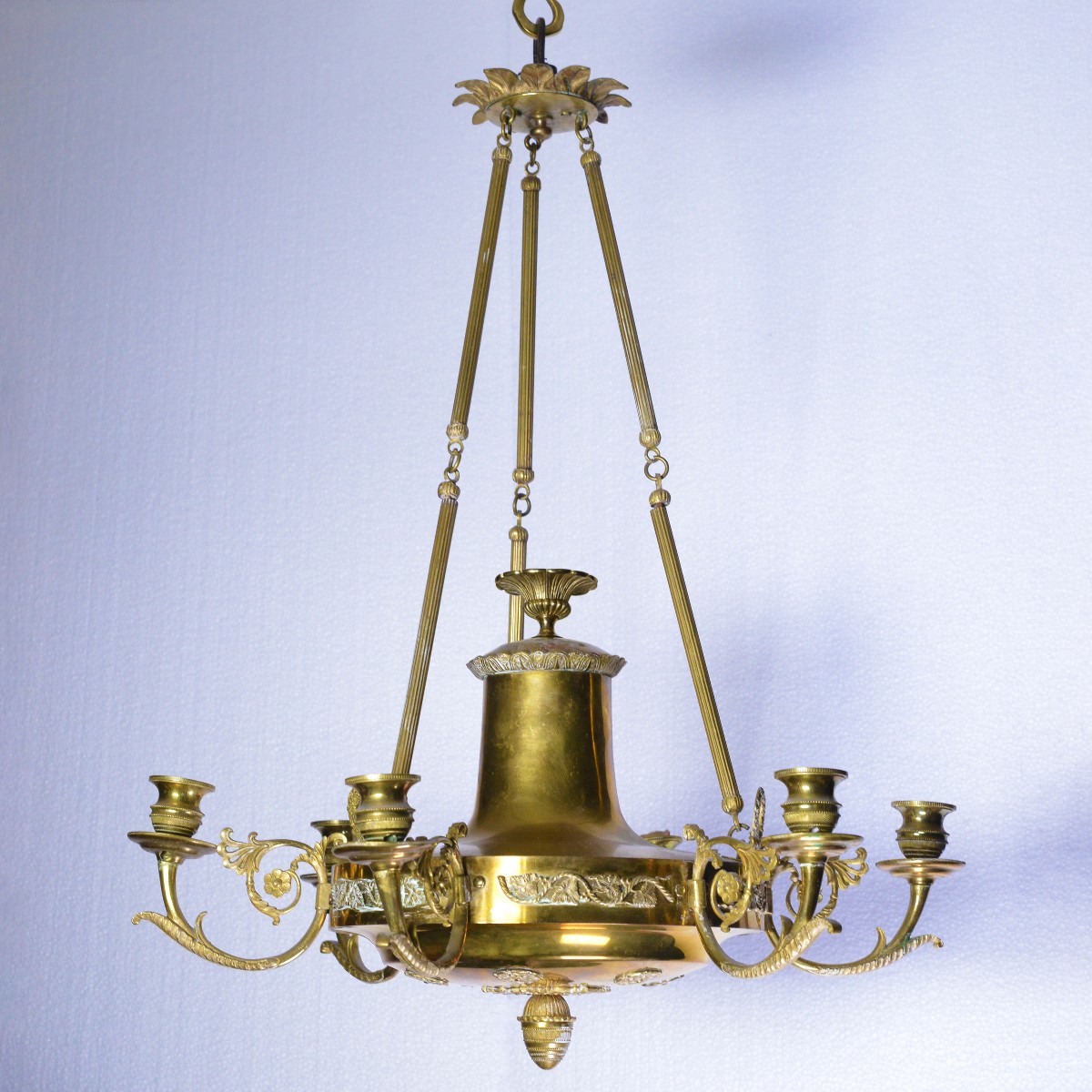 Antique 19th Century Empire Gilt Bronze Six Light Chandelier Floral Decoration-photo-3