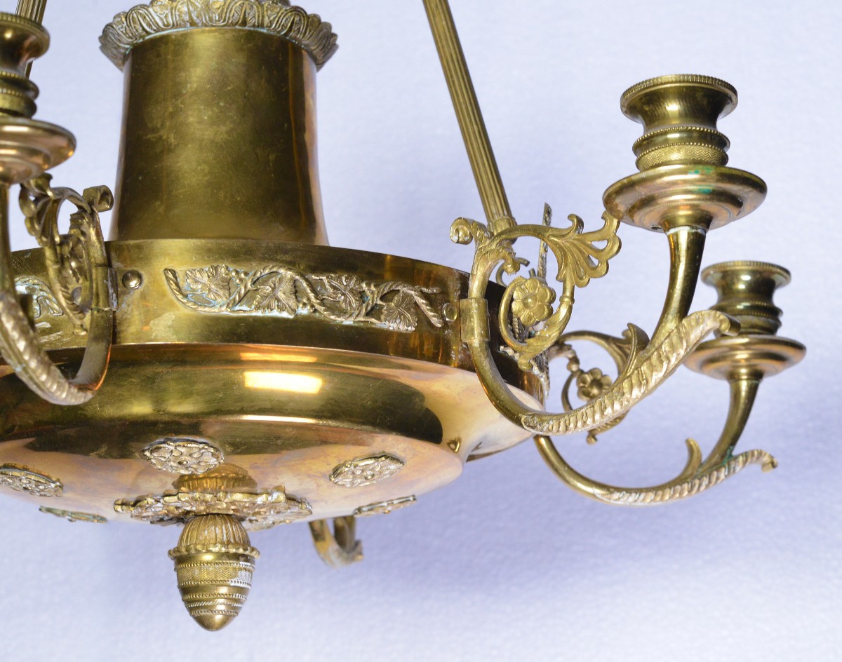 Antique 19th Century Empire Gilt Bronze Six Light Chandelier Floral Decoration-photo-1