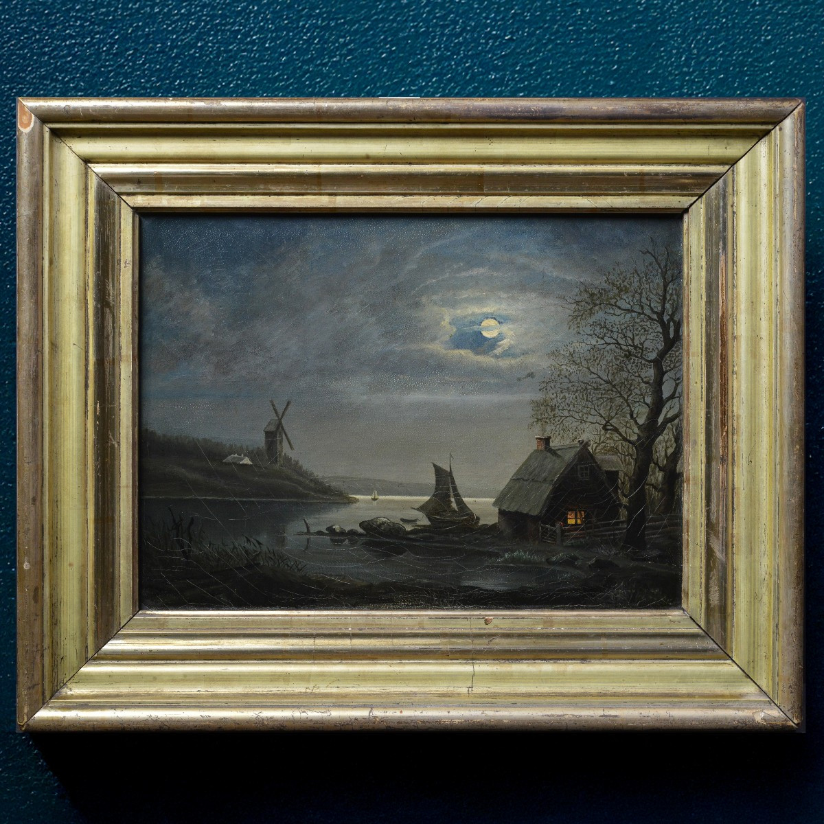 19th Century Antique Scandinavian Moonlit Night Landscape Fisherman Hut Windmill-photo-2