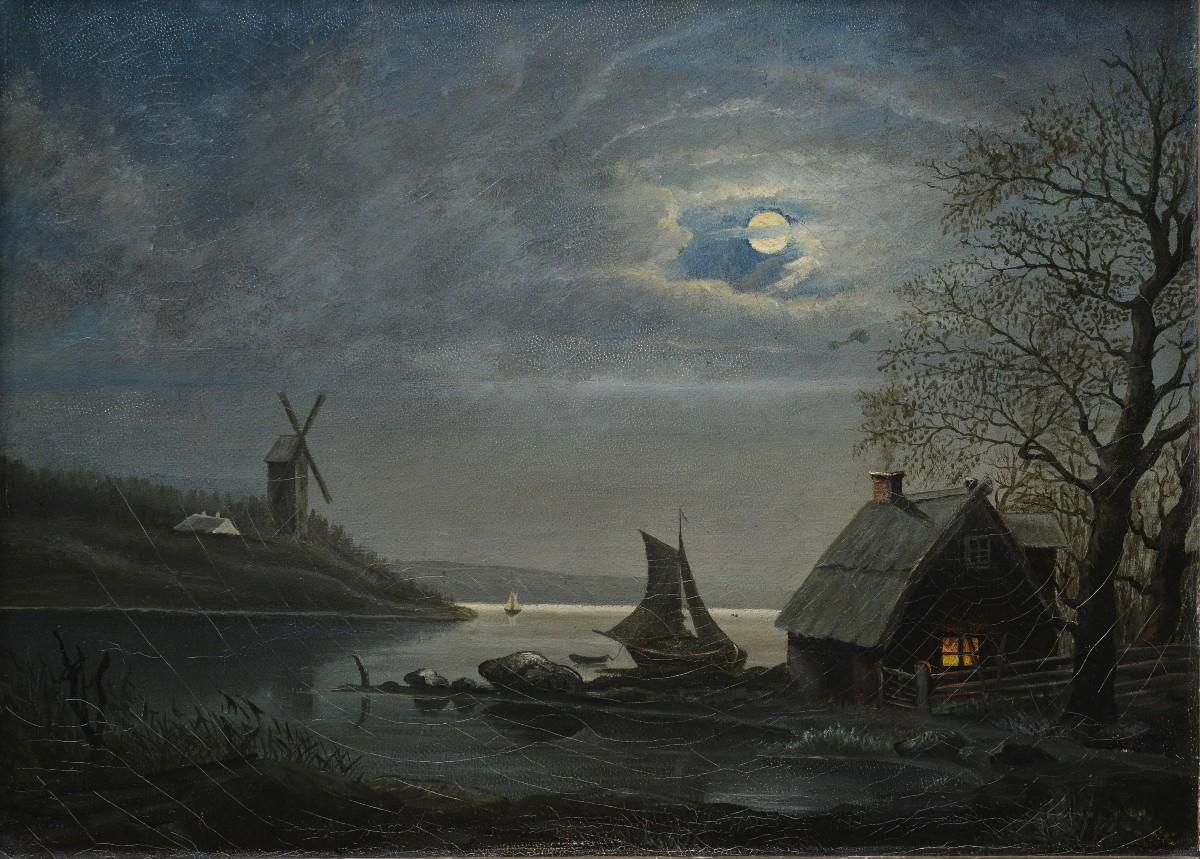 19th Century Antique Scandinavian Moonlit Night Landscape Fisherman Hut Windmill-photo-3