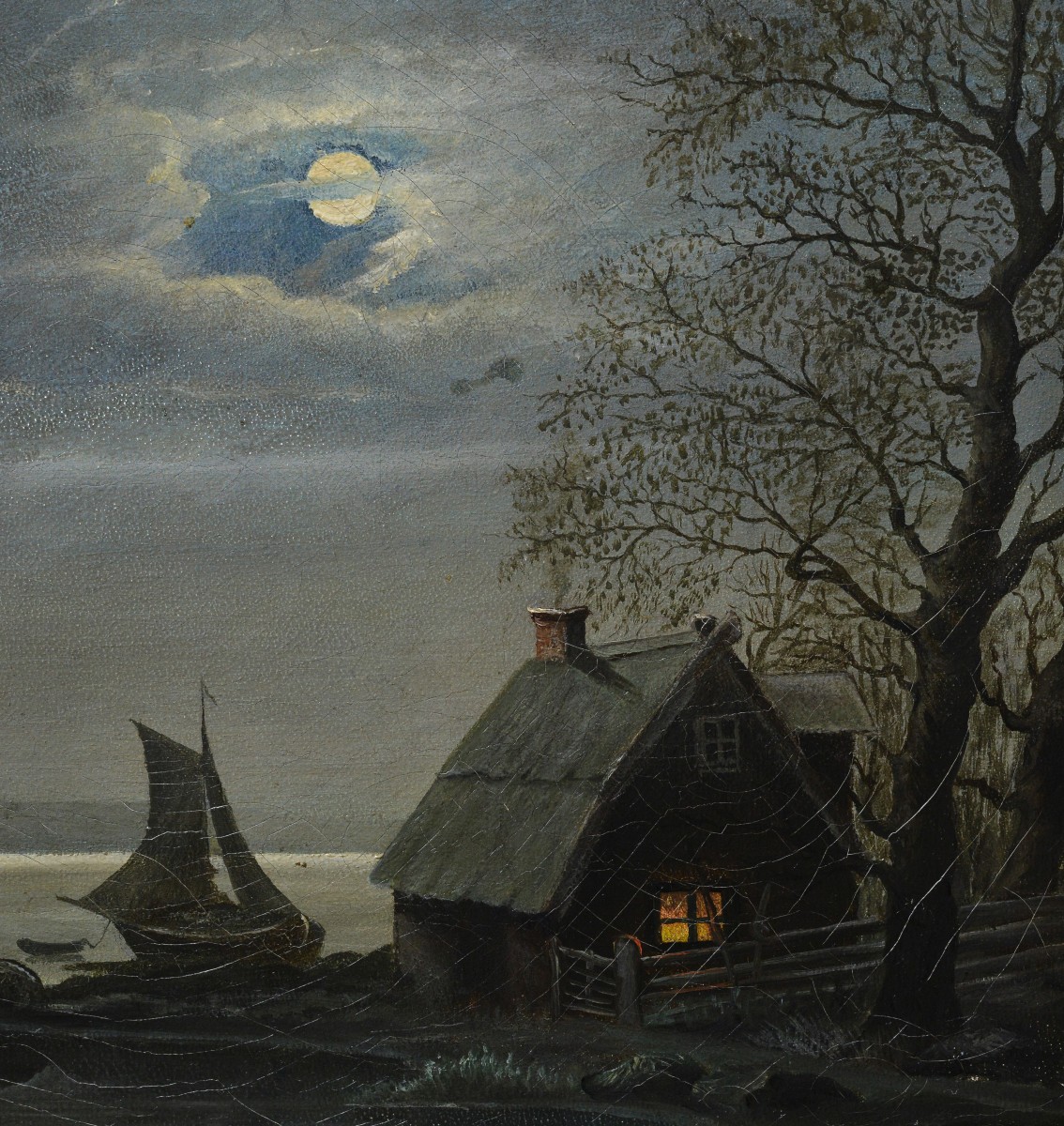 19th Century Antique Scandinavian Moonlit Night Landscape Fisherman Hut Windmill-photo-4