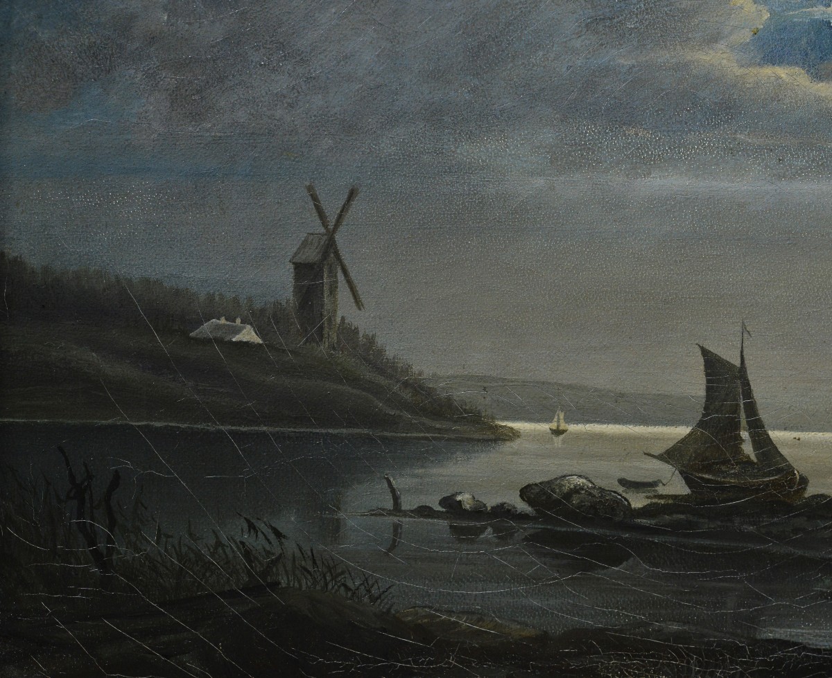 19th Century Antique Scandinavian Moonlit Night Landscape Fisherman Hut Windmill-photo-1