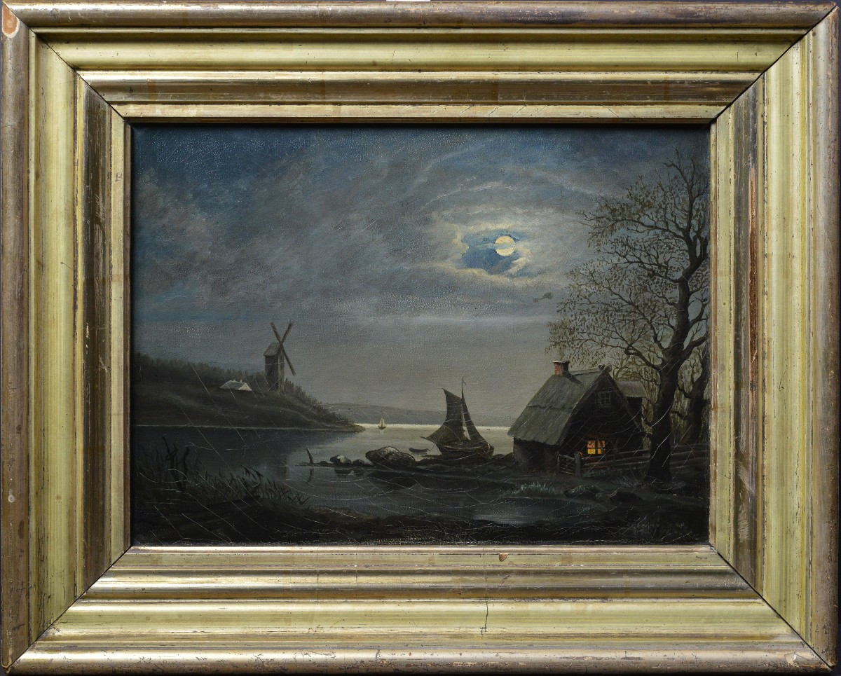 19th Century Antique Scandinavian Moonlit Night Landscape Fisherman Hut Windmill