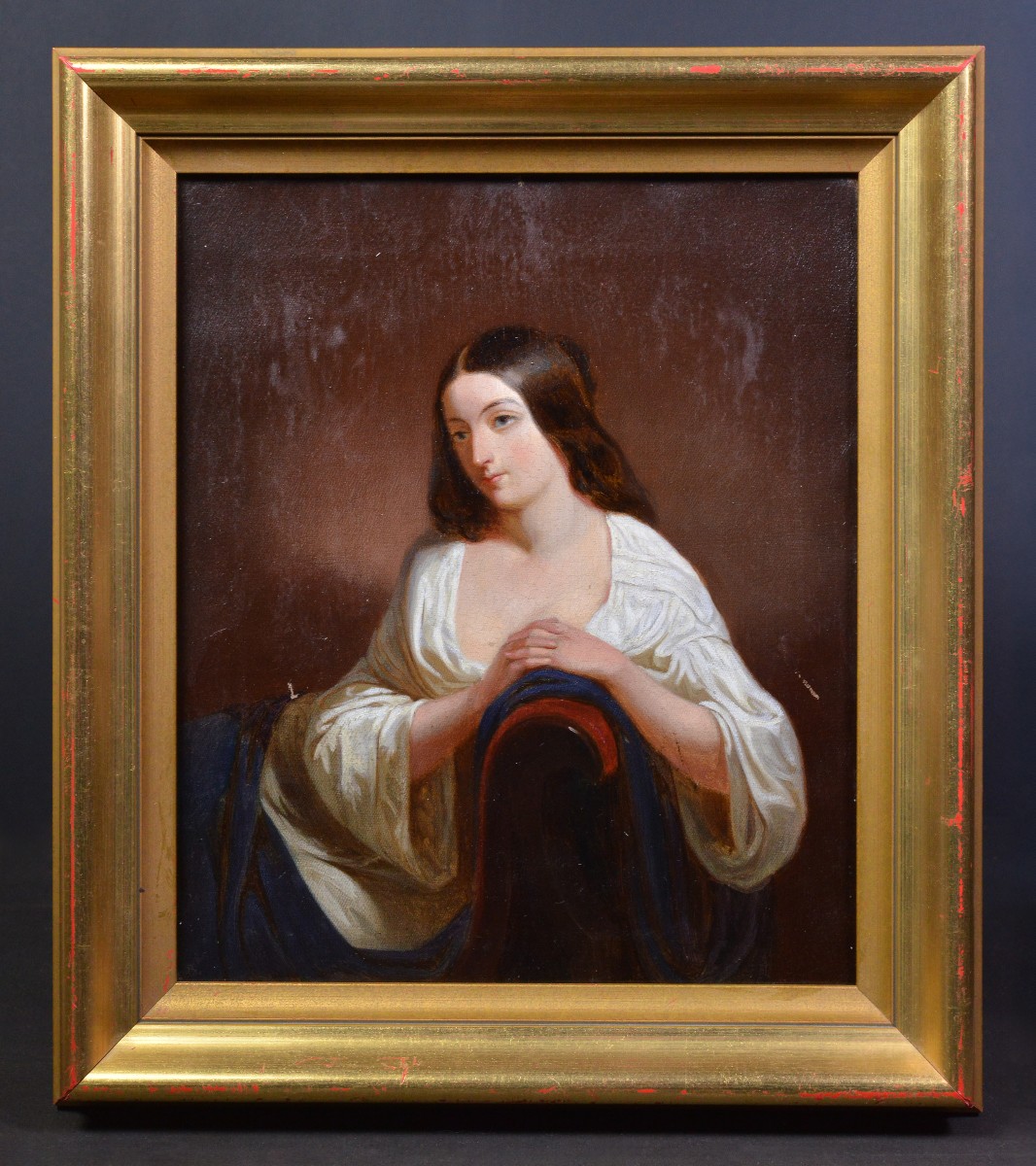 Portrait Romantique du 19ème Siècle Peinture à l'Huile Néoclassique Dame Appuyée sur Canapé-photo-2