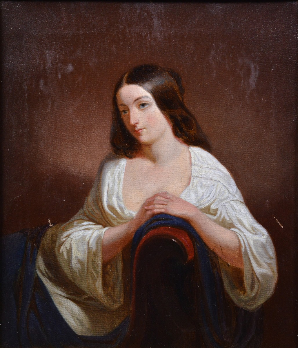 Portrait Romantique du 19ème Siècle Peinture à l'Huile Néoclassique Dame Appuyée sur Canapé-photo-3