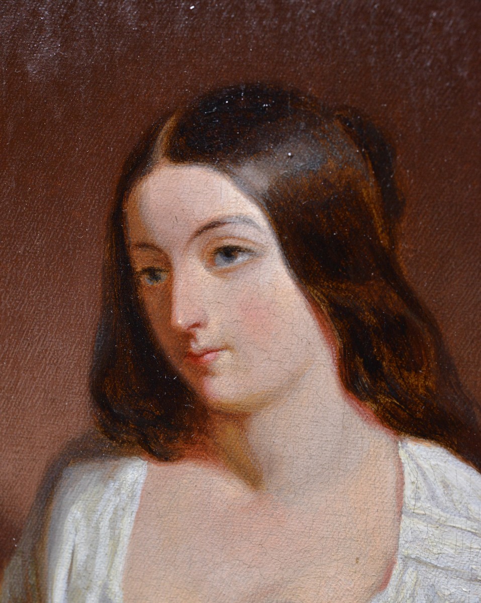Portrait Romantique du 19ème Siècle Peinture à l'Huile Néoclassique Dame Appuyée sur Canapé-photo-4