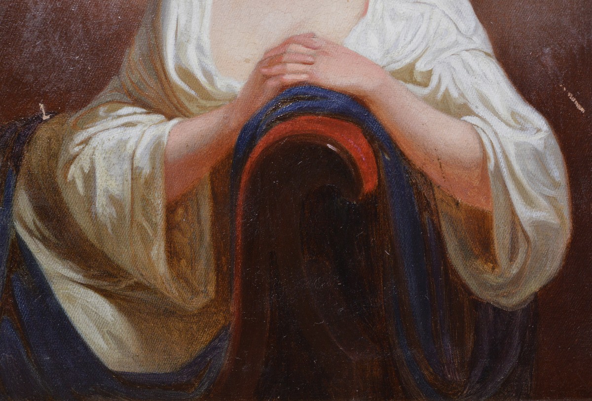Portrait Romantique du 19ème Siècle Peinture à l'Huile Néoclassique Dame Appuyée sur Canapé-photo-1