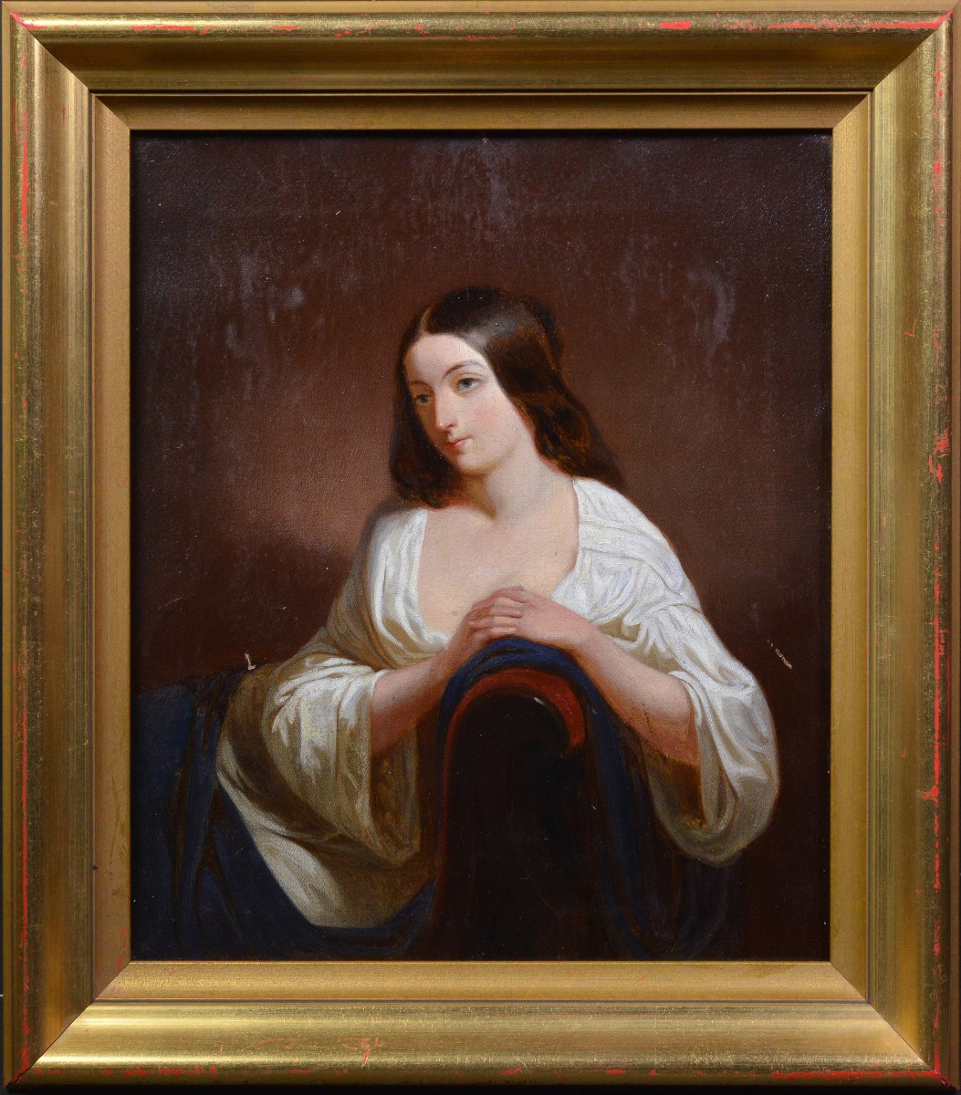 Portrait Romantique du 19ème Siècle Peinture à l'Huile Néoclassique Dame Appuyée sur Canapé