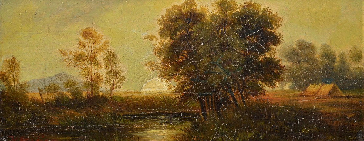 19th Century European Oil Painting Panoramic Landscape Sunrise With Pond Framed-photo-2