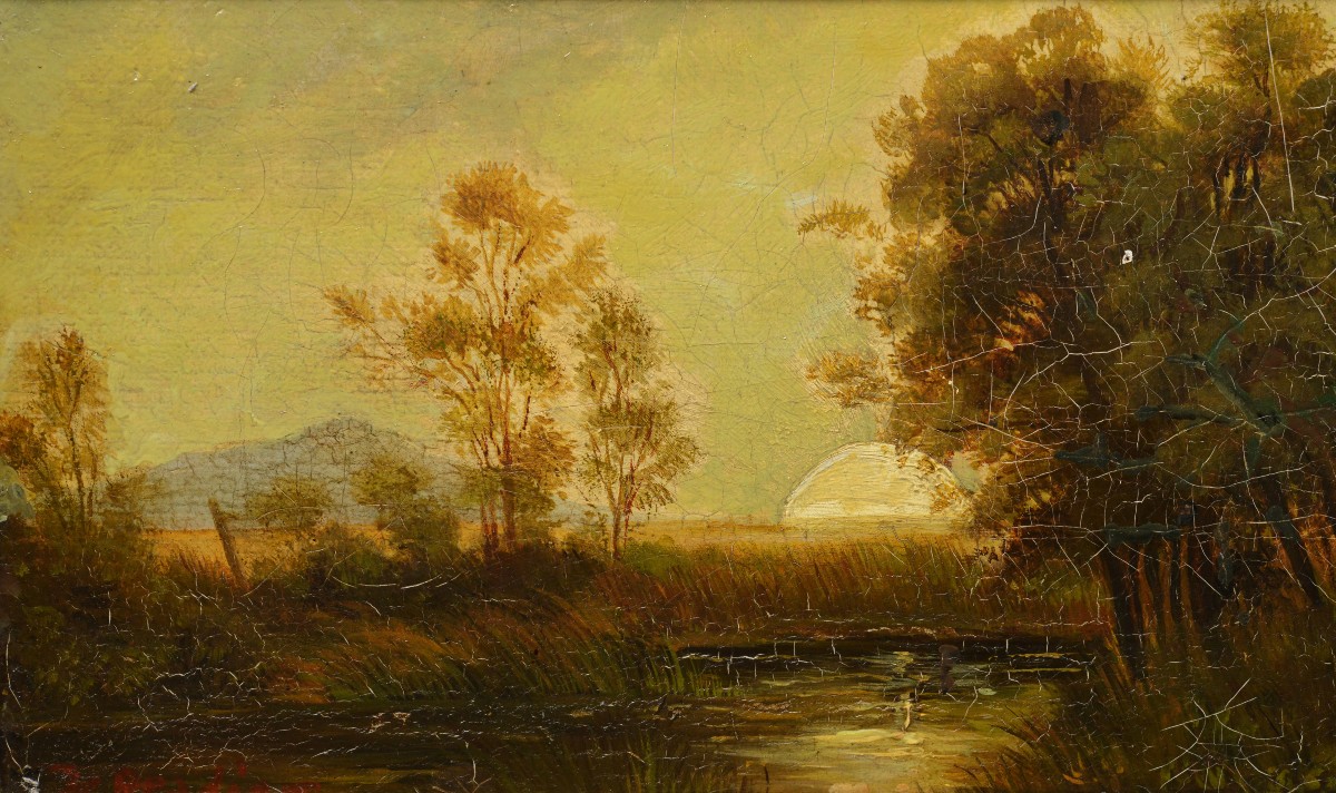 19th Century European Oil Painting Panoramic Landscape Sunrise With Pond Framed-photo-3