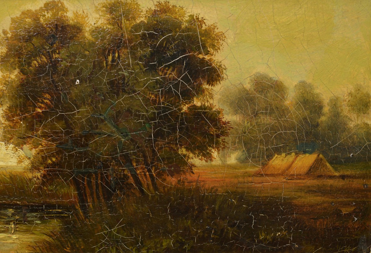 19th Century European Oil Painting Panoramic Landscape Sunrise With Pond Framed-photo-4